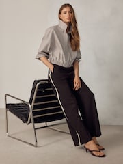 Chocolate Brown Ponte Wide Leg Trousers with Side Stripes - Image 3 of 10