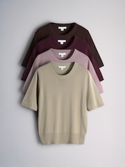 The Set 4 Pack 4 Pack Fine Knitted Crew Neck Jumpers Stone Brown/Pink/Burgandy Red/Chocolate Brown - Image 1 of 7