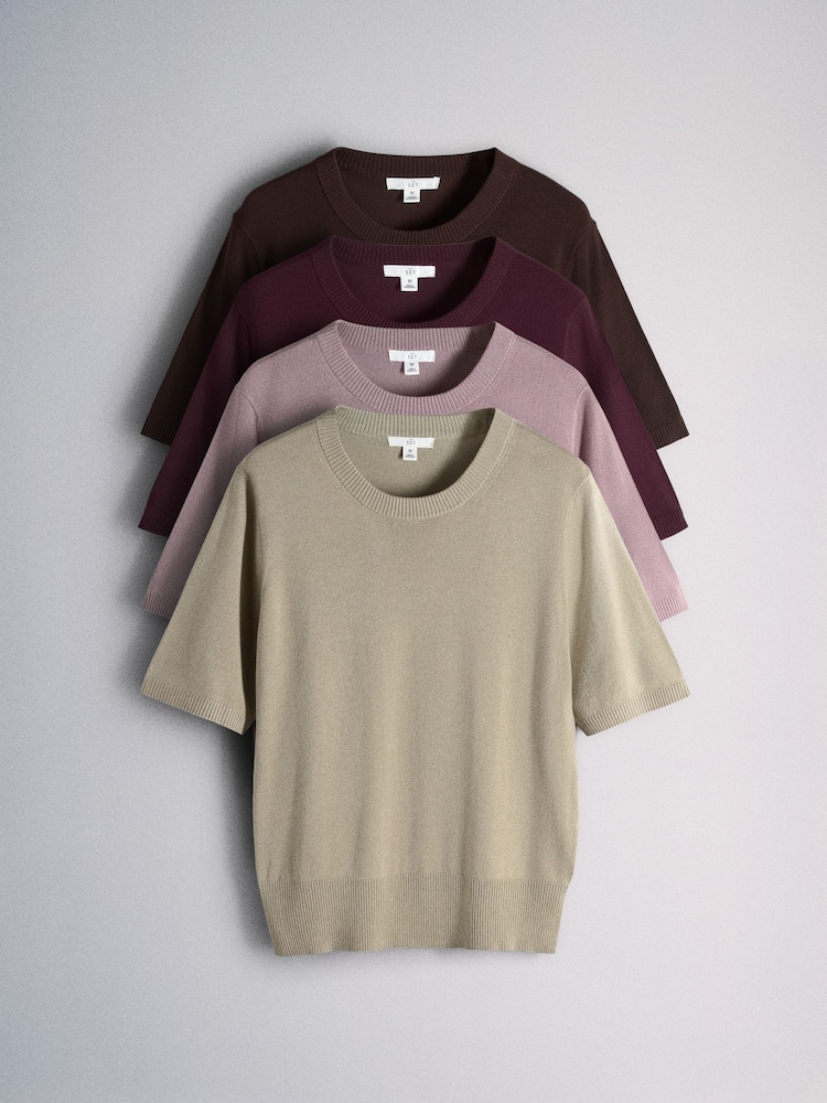 The Set 4 Pack 4 Pack Fine Knitted Crew Neck Jumpers Stone Brown/Pink/Burgandy Red/Chocolate Brown - Image 1 of 7 The Set 4 Pack 4 Pack Fine Knitted Crew Neck Jumpers Stone Brown/Pink/Burgandy Red/Chocolate Brown - Image 1 of 7