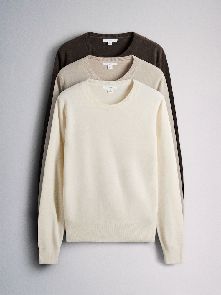 The Set 3 Pack Soft Knit Crew Neck Long Sleeve Jumpers Cream/Light Brown/Chocolate Brown - Image 1 of 6
