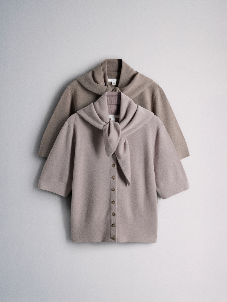 The Set 2 Pack Soft Knit Short Sleeve Cardigan With Scarf Mink Brown/Pink - Image 1 of 7