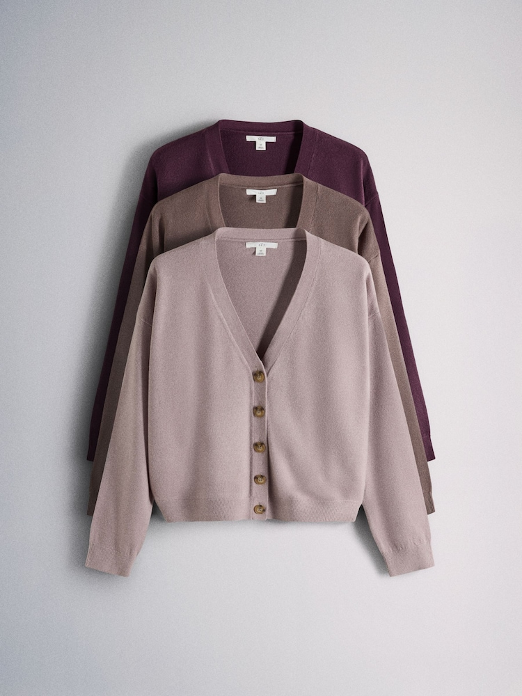 The Set 3 Pack Soft Knit V-Neck Cardigans Pink/Mink Bronw/Burgundy - Image 2 of 12