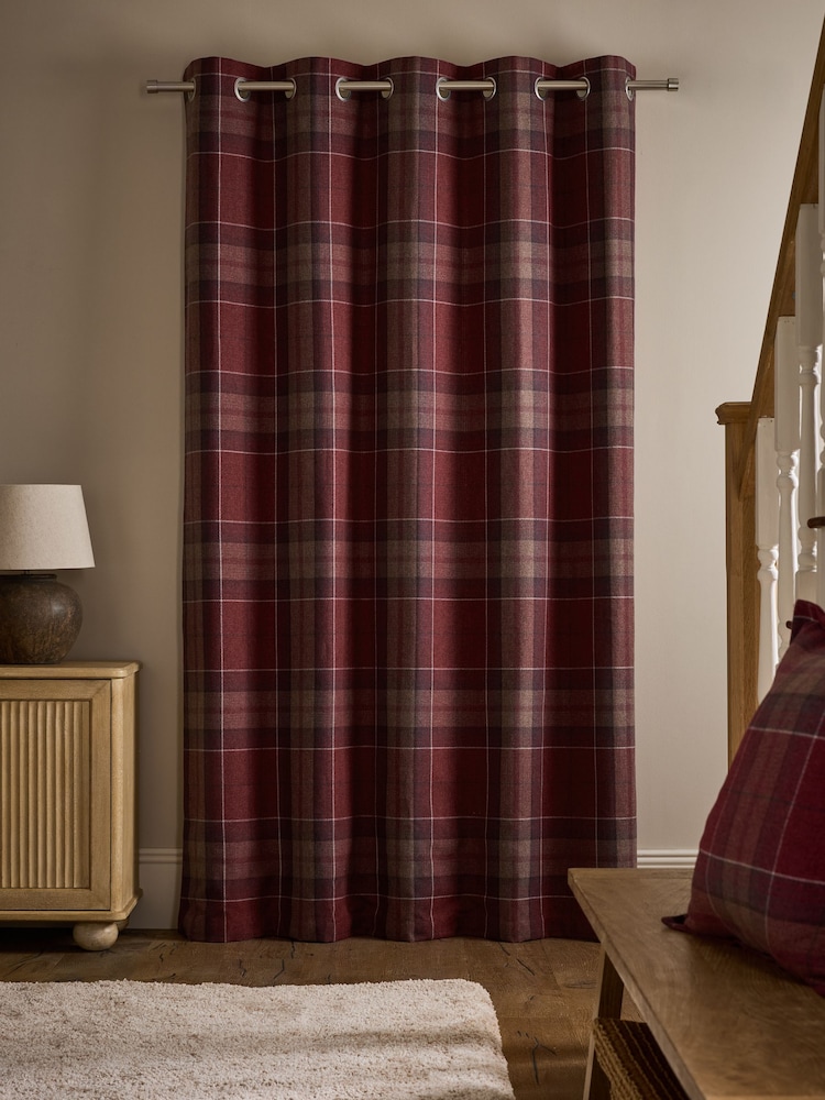 Red Brushed Check Super Thermal Eyelet Door Curtain - Image 2 of 4 Red Brushed Check Super Thermal Eyelet Door Curtain - Image 2 of 4