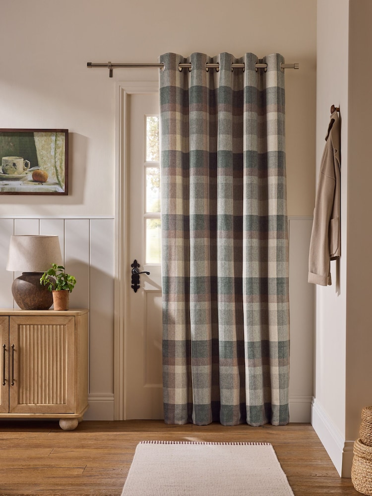 Green Brushed Check Super Thermal Eyelet Door Curtain - Image 1 of 4