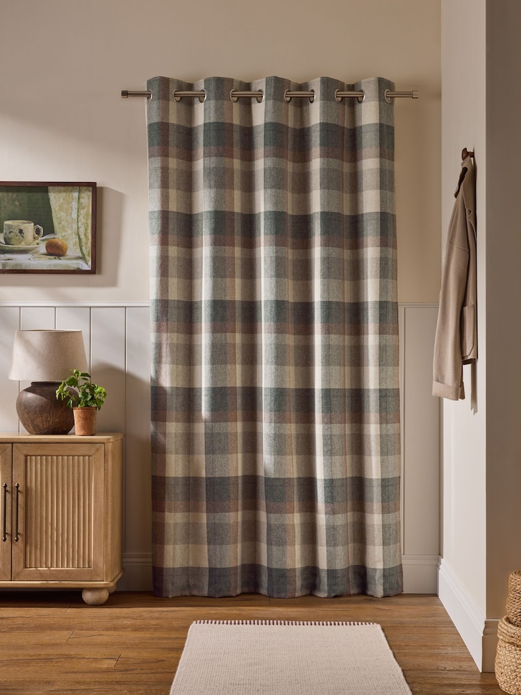Green Brushed Check Super Thermal Eyelet Door Curtain - Image 2 of 4