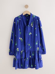 Koboltblått blomstrete Print - Long Sleeve Tie Neck Mini Dress - Bilde 6 av 9