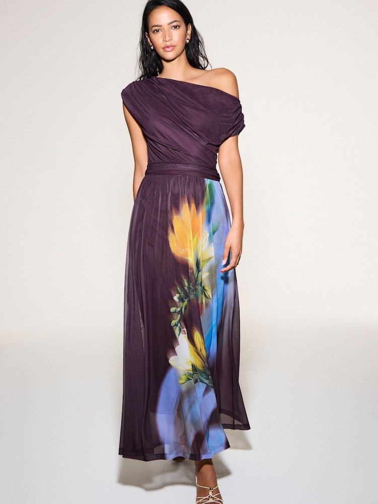 Plum/ Yellow Floral Print Off Shoulder Mesh Midi Dress - Image 1 of 4