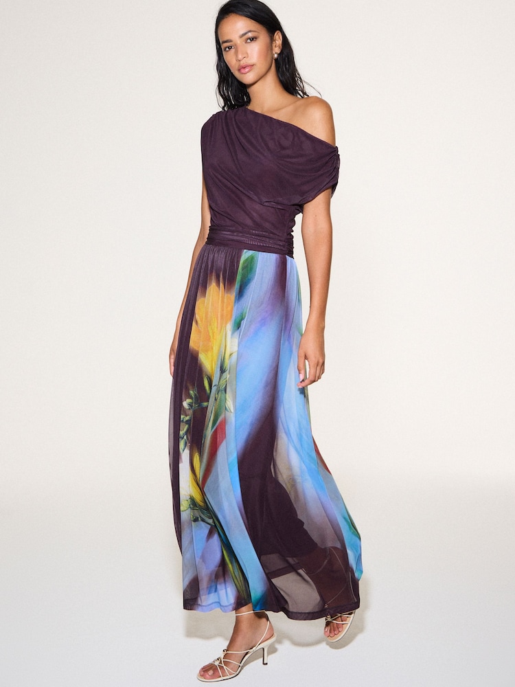 Plum/ Yellow Floral Print Off Shoulder Mesh Midi Dress - Image 2 of 4