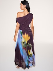 Plum/ Yellow Floral Print Off Shoulder Mesh Midi Dress - Image 3 of 4