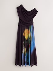 Plum/ Yellow Floral Print Off Shoulder Mesh Midi Dress - Image 5 of 7