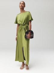 Green Satin Short Sleeve Twist Front Midi Dress - Image 1 of 7