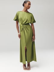 Green Satin Short Sleeve Twist Front Midi Dress - Image 2 of 7