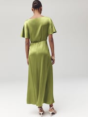 Green Satin Short Sleeve Twist Front Midi Dress - Image 3 of 7