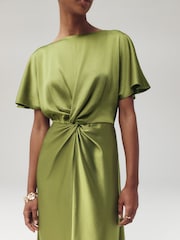 Green Satin Short Sleeve Twist Front Midi Dress - Image 4 of 7