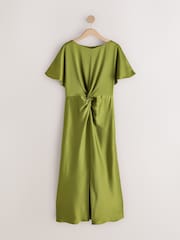 Green Satin Short Sleeve Twist Front Midi Dress - Image 5 of 7