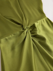 Green Satin Short Sleeve Twist Front Midi Dress - Image 6 of 7