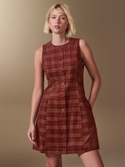 Burgundy Red Check Cord Button Through Mini Dress - Image 1 of 9