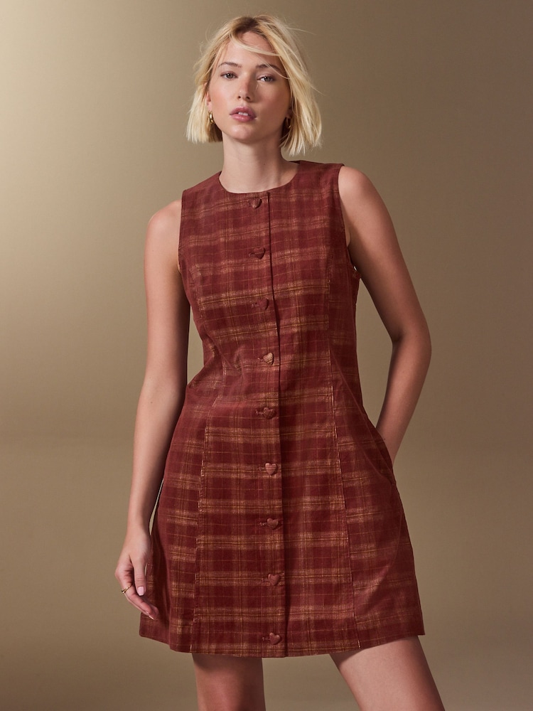 Burgundy Red Check Cord Button Through Mini Dress - Image 1 of 9 Burgundy Red Check Cord Button Through Mini Dress - Image 1 of 9