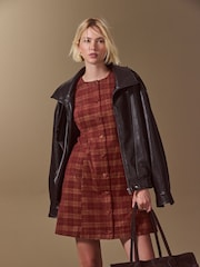 Burgundy Red Check Cord Button Through Mini Dress - Image 3 of 9