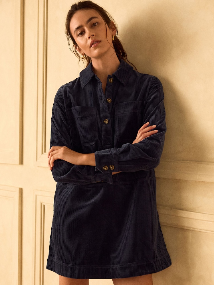 Navy Blue Long Sleeve Cord Overhead Mini Dress - Image 1 of 4 Navy Blue Long Sleeve Cord Overhead Mini Dress - Image 1 of 4
