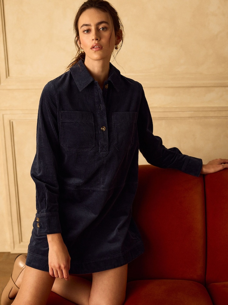 Navy Blue Long Sleeve Cord Overhead Mini Dress - Image 2 of 4 Navy Blue Long Sleeve Cord Overhead Mini Dress - Image 2 of 4