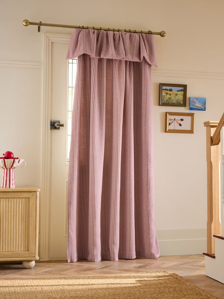 Pink Brushed Stripe Ruffle Top Fold Over Super Thermal Door Curtains - Image 1 of 5