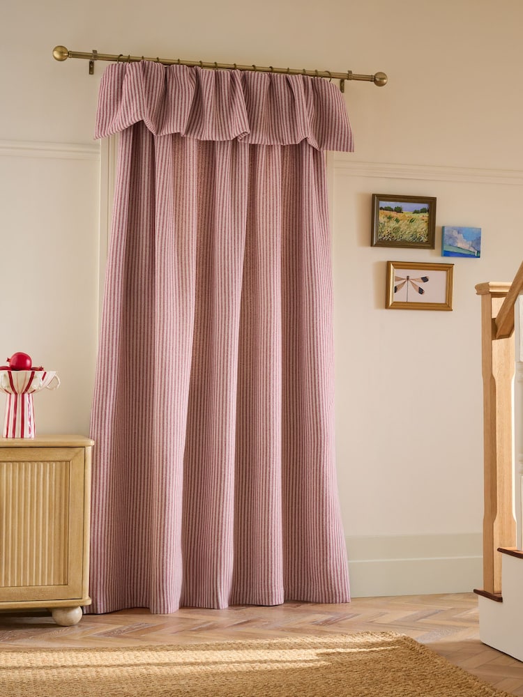 Pink Brushed Stripe Ruffle Top Fold Over Super Thermal Door Curtains - Image 2 of 5