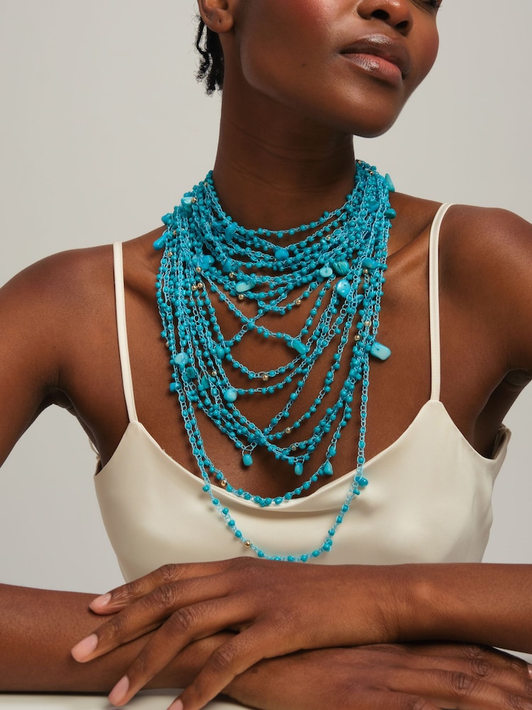 Mood Turquoise Tone Beaded Statement Multirow Necklace - Image 2 of 3
