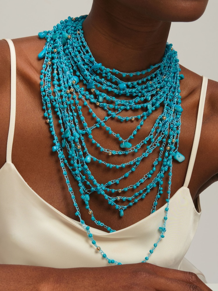Mood Turquoise Tone Beaded Statement Multirow Necklace - Image 3 of 3