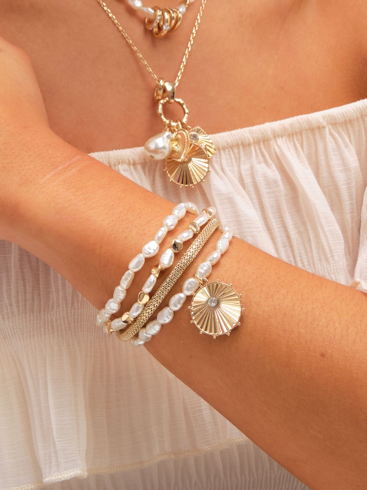 Mood Gold Tone Pearl Charm Stretch Bracelet - Pack of 4 - Image 2 of 3