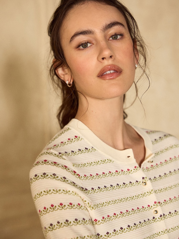 Ecru Floral Soft Touch Cotton Rich Crew Neck Cardigan - Image 5 of 5 Ecru Floral Soft Touch Cotton Rich Crew Neck Cardigan - Image 5 of 5