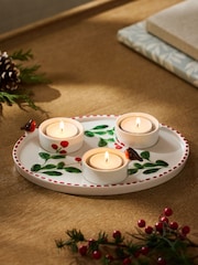 Green/Ecru Robin Tea Light Holders Ceramic Candle Tealight Plate - Image 1 of 4