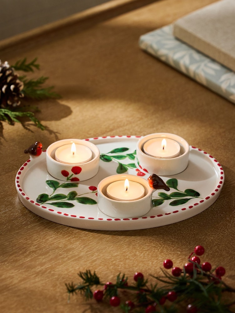 Green/Ecru Robin Tea Light Holders Ceramic Candle Tealight Plate - Image 1 of 4