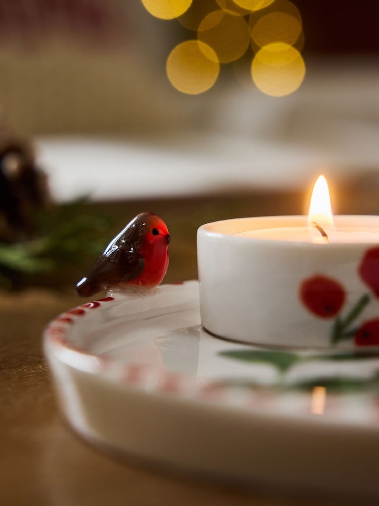 Green/Ecru Robin Tea Light Holders Ceramic Candle Tealight Plate - Image 4 of 4