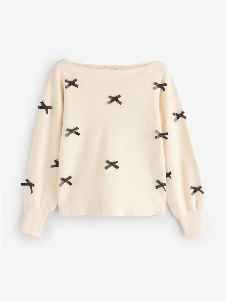 Threadbare Cream Bow Embellished Slash Neck Jumper - Image 5 of 5