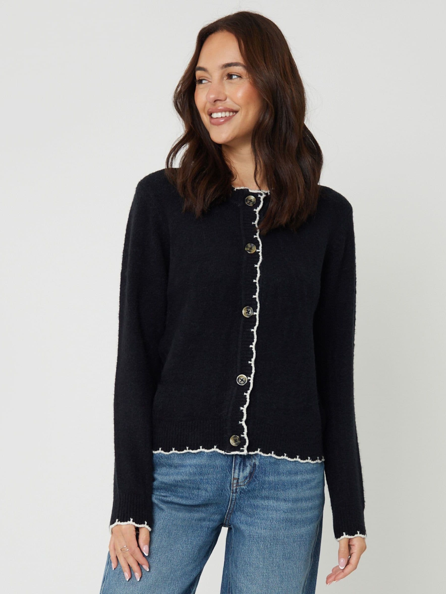 Buy Threadbare Black Crew Neck Scallop Trim Cardigan from the Next