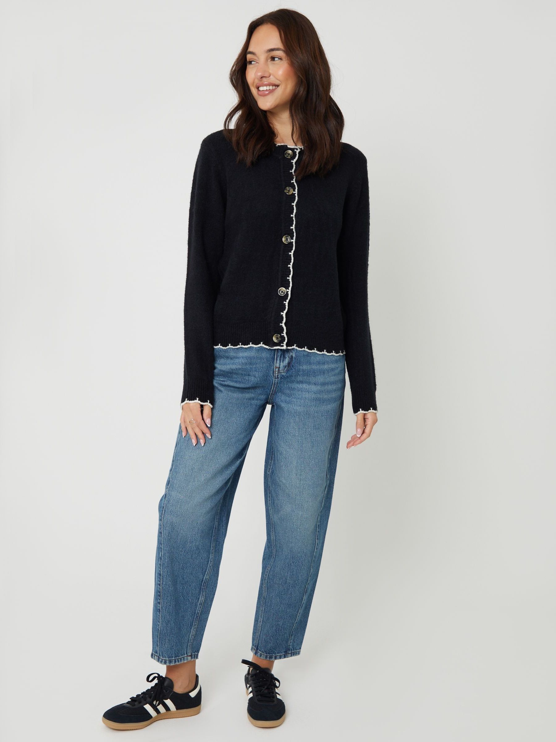 Buy Threadbare Black Crew Neck Scallop Trim Cardigan from the Next