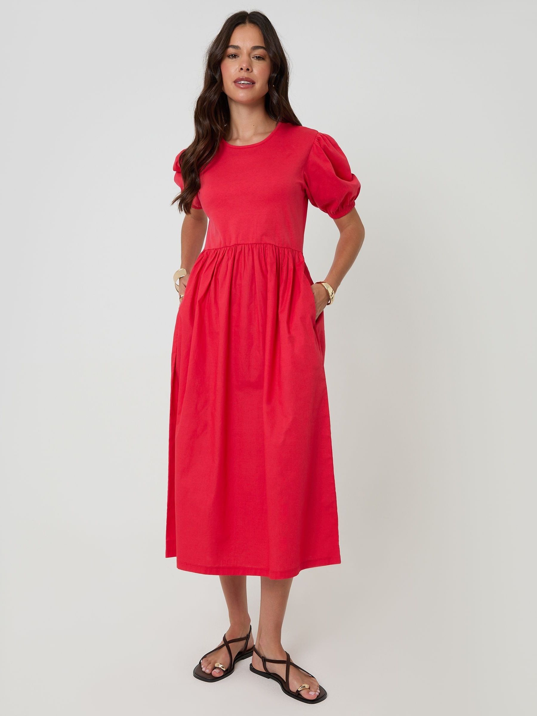 Buy Threadbare Red Puff Sleeve Jersey Poplin Mix Maxi Dress from