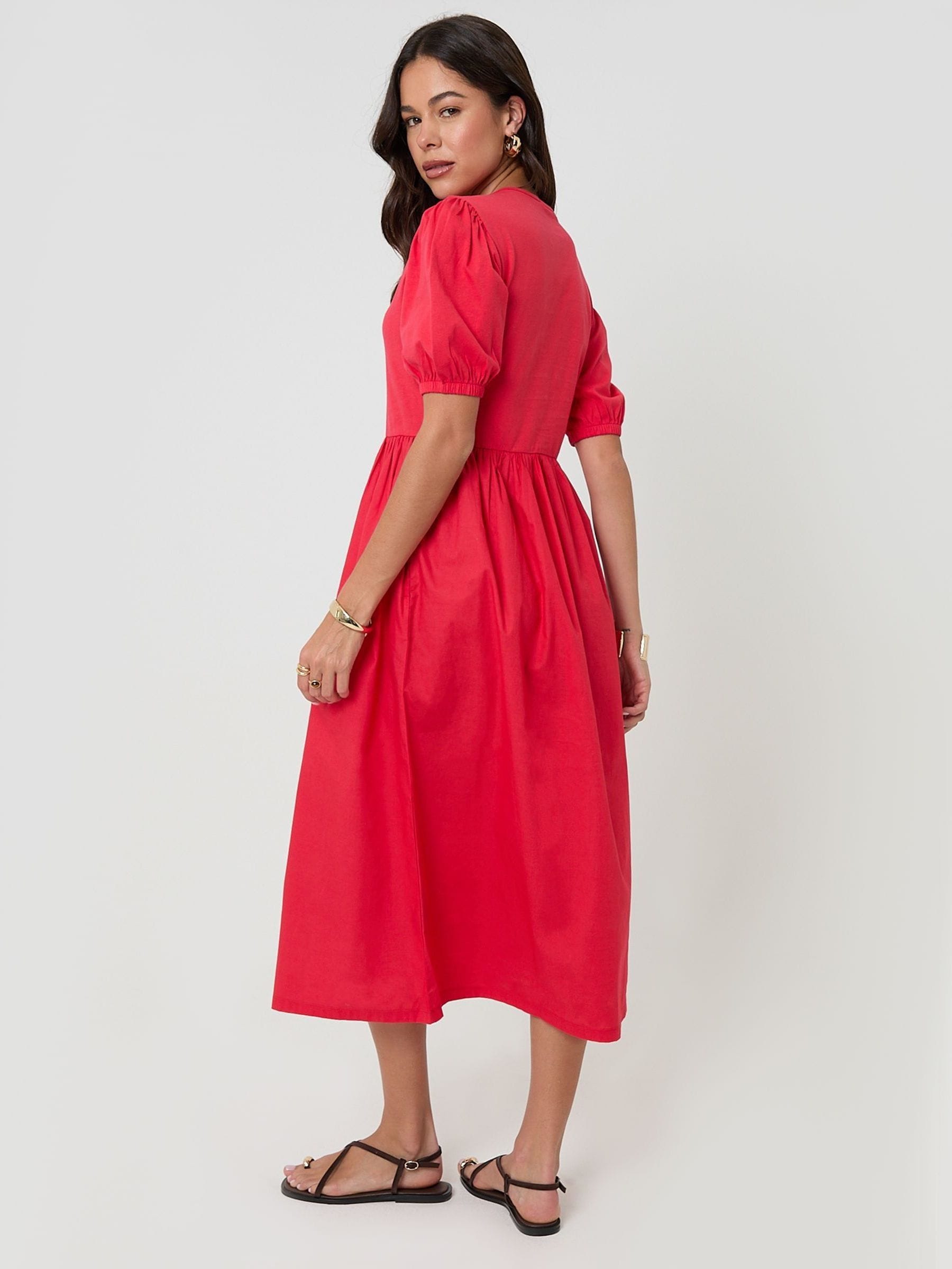 Buy Threadbare Red Puff Sleeve Jersey Poplin Mix Maxi Dress from