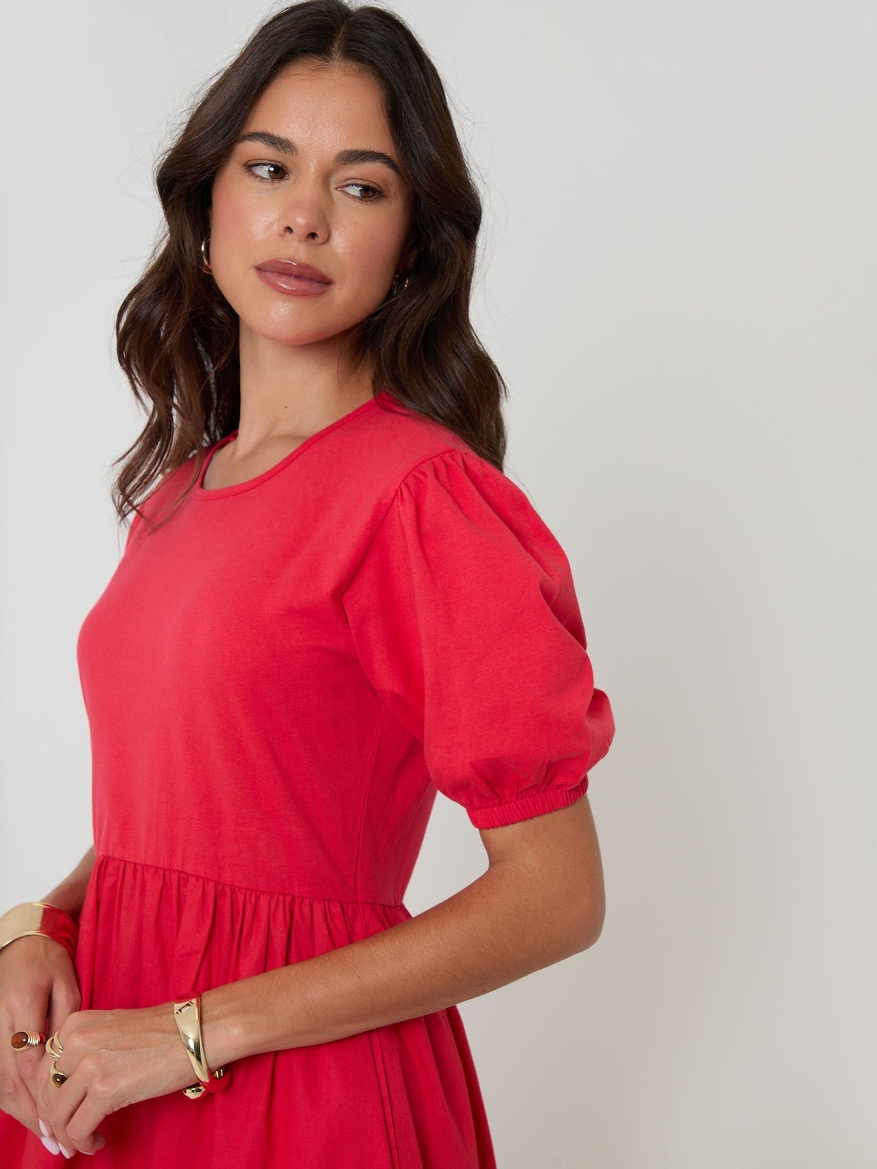 Buy Threadbare Red Puff Sleeve Jersey Poplin Mix Maxi Dress from