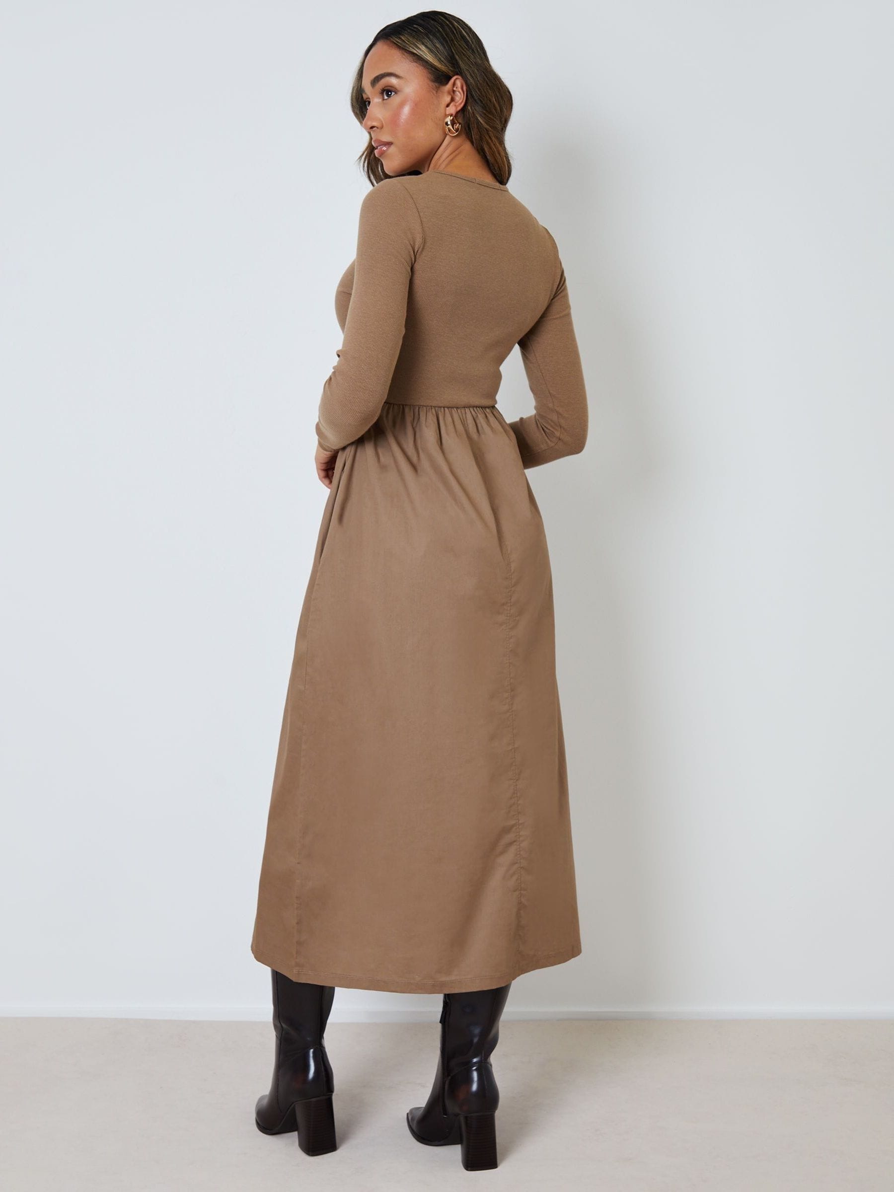 Buy Threadbare Light Brown Rib Jersey 2-In-1 Midi Dress with