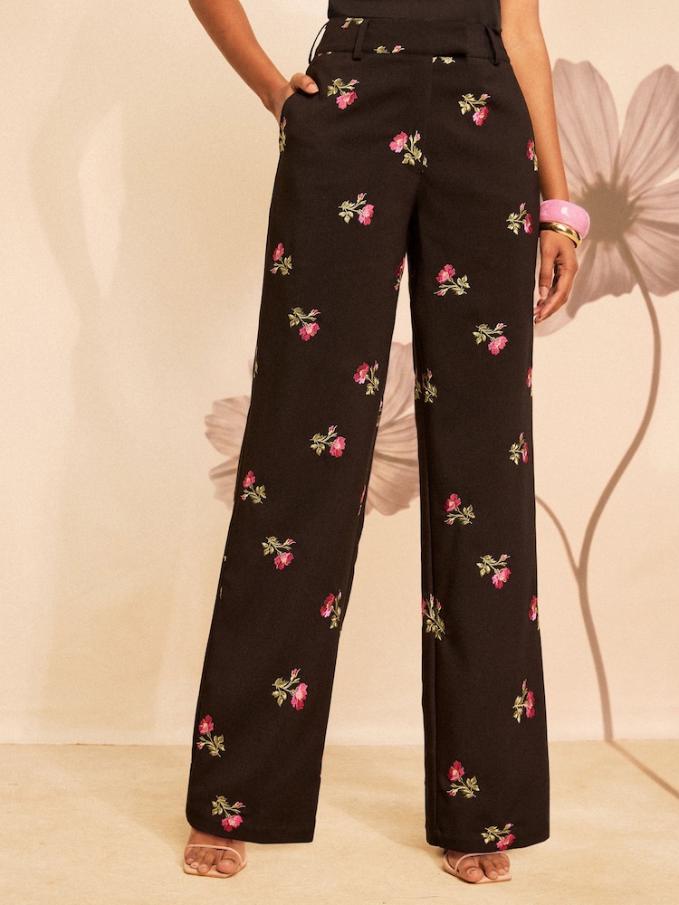 Love & Roses Black Tailored Embroidered Wide Leg Trousers - Image 1 of 4