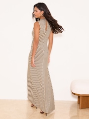 Lipsy Chocolate Brown Stripe Petite Gathered Waist Detail Jersey Sleeveless Midi Dress - Image 2 of 4