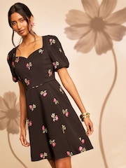 Love & Roses Black Tailored Embroidered Short Sleeve Skater Mini Dress - Image 1 of 5