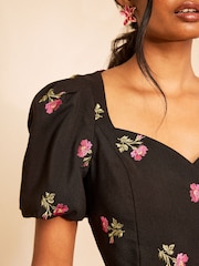 Love & Roses Black Tailored Embroidered Short Sleeve Skater Mini Dress - Image 3 of 5
