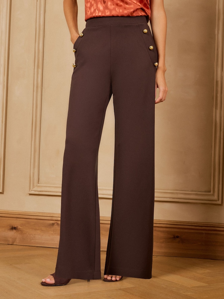 Love & Roses Chocolate Brown Button Detail Wide Leg Ponte Trousers - Image 1 of 5