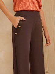 Love & Roses Chocolate Brown Button Detail Wide Leg Ponte Trousers - Image 2 of 5