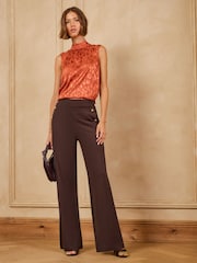 Love & Roses Chocolate Brown Button Detail Wide Leg Ponte Trousers - Image 3 of 5