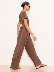Lipsy Brown Petite Contrast Stitch Underbust Belted Short Sleeve Jumpsuit - Image 3 of 4