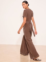 Lipsy Brown Petite Contrast Stitch Underbust Belted Short Sleeve Jumpsuit - Image 4 of 4